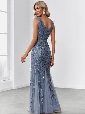 Ever Pretty Slate Blue Beaded Tulle Mermaid Gown
